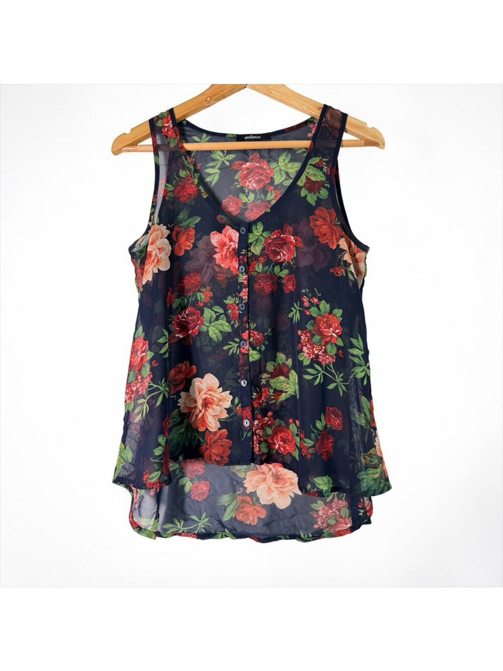 Ambience Women's Sheer Tank Top Floral Red Blue Size M Lightweight Summer